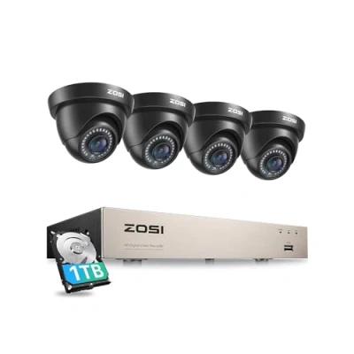 Imagen de ZOSI Kit de Cámara Vigilancia 5MP Lite 8CH H.265+ Grabador DVR con (4) 1080P Seguridad Exterior, 1TB Disco Duro, 20m Visión Nocturna, Alarma Movimiento, P2P