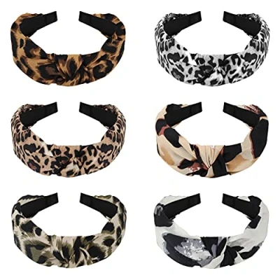 Imagen de Belle Vous Diademas Mujer Anchas Estampado Leopardo con Nudo (Pack de 6) Diadema Turbante Boho Elástica Accesorios Pelo y Niñas 6 Diseños Cinta