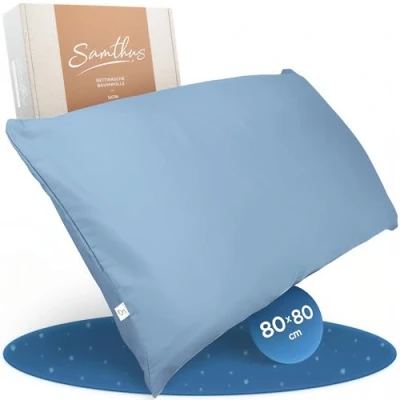 Imagen de Samthus funda de almohada 80 x cm, algodón satinado, certificado Oeko Tex, fabricado en verde, para dormir suave con transpirable, 1 cojín, azul claro, cremallera
