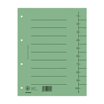 Imagen de DONAU 8610001 06 Lote de 100 divisores, color verde, cartón reciclado, 250 g/m², con impresión líneas, para DIN A4, 4 índice