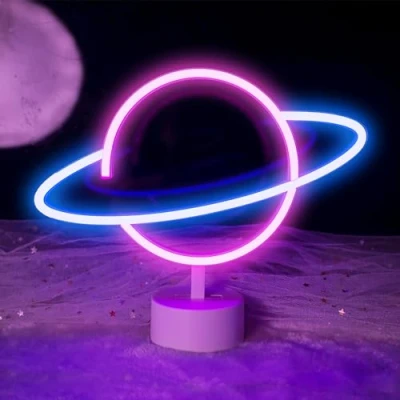 Imagen de luz de neón planeta, nocturna para dormitorio, letreros LED alimentados por batería/USB, decoración Navidad, fiesta cumpleaños, recámara, lámpara mesa, regalos