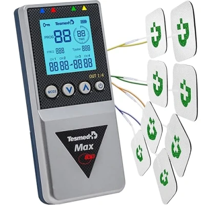Imagen de TESMED MAX 830: Electroestimulador Muscular Profesional Tens/EMS/Masaje con Estimulación Secuencial, 4 Canales, 115 Programas de los cuales 20 Personalizables, Recargable, Incluye Electrodos