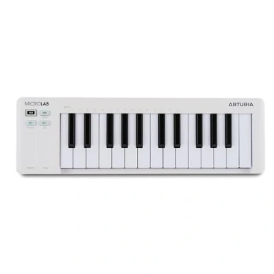 Imagen de Arturia MicroLab MK3 Teclado compacto de 25 teclas sensible a la velocidad para controlador MIDI, Bandas táctiles dobles, Modo Acordes, Entrada pedal sustain Blanco