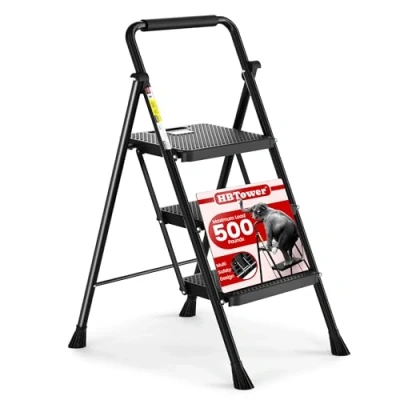 Imagen de HBTower Escalera de 3 peldaños, Taburete Plegable con Amplio Pedal Antideslizante, Acero Resistente, Cómoda Empuñadura, Ligero, Portátil Acero, Negro