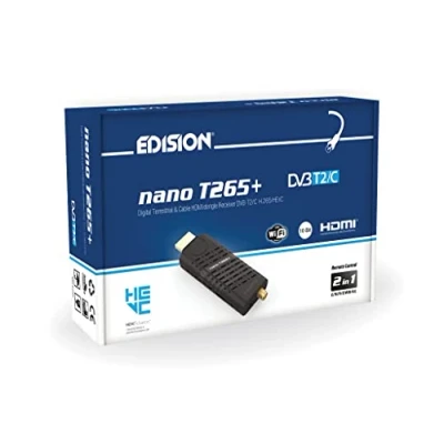 Imagen de EDISION Nano T265+ Receptor dongle HDMI Terrestre TDT DVB T2 y por Cable C, H265 HEVC, FTA, Full HD, PVR, USB, HDMI, Sensor IR, Soporte USB WiFi, Mando a Distancia Universal 2en1