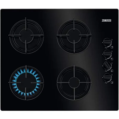 Imagen de Zanussi ZGO62414BA Placa de gas, Gas on Glass, 4 fuegos, Quemador Wok, Mandos Laterales Giratorios, Entendido electrónico, Parrillas hierro fundido, Termopar Seguridad, Negro, 60 cm