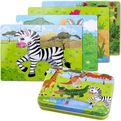 Imagen de BBLIKE Puzzle, 4 Pack Rompecabezas Puzzle Juguetes Bebes para Niños de 1 2 3 5 años Montessori Educativos Regalos 3D Patrón Puzzles Infantiles con Caja （Tren）