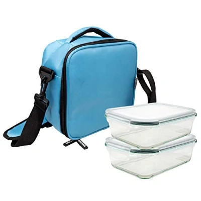 Imagen de NERTHUS FIH 694 Lunch Bag Azul Claro + 2 herméticos de Cristal 640 ml, tamaño Mediano, 22 x 12 cm