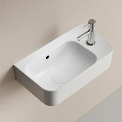 Imagen de EMKE Lavabo Suspendido 450 x 265 156 mm Compacto y Elegante para Pequeños Baños WC de Invitados Grifo a la Derecha, Instalación en Pared, Blanco Brillante