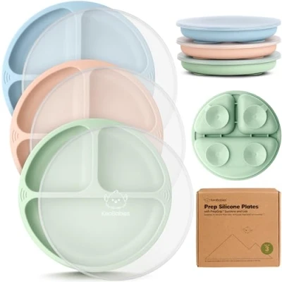 Imagen de KeaBabies plato infantil con tapa para bebé, niño pequeño Pack de 3 platos bebé 100% silicona ventosa, tapa, separador, sin BPA, apto microondas (Mellow)
