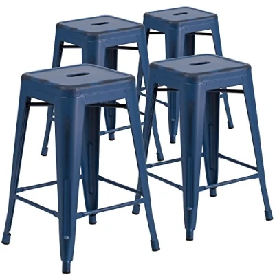 Imagen de Flash Furniture Juego de 4 taburetes Metal Respaldo 24 Pulgadas Alto para Interiores y Exteriores, Plástico, Hierro, Azul Envejecido, Unidades