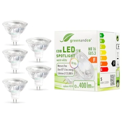 Imagen de greenandco 5x Spot LED IRC 90+ MR16 GU5.3, 5W 400lm 3000K (blanco cálido) COB 38 12V AC/DC, no regulable