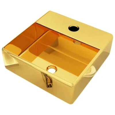 Imagen de vidaXL Lavabo con Orificio para Grifo Baño Servicio Fregadero Fontanería Bricolaje Instalación Decoración Aseo Grifería 38x30x11,5 cm Cerámica Dorado