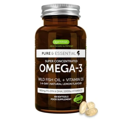 Imagen de Omega 3 de Aceite Pescado Salvaje con Vitamina D 3, 1000 UI, EPA y DHA alta concentración, 2 meses suministro, rTG acción rápida, Igennus