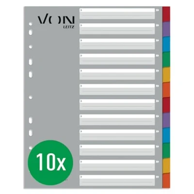Imagen de VON 13010000 Separadores en blanco A4 para carpetas (10 unidades, 12 partes, extra anchos, 100% cartón reciclado, índice universal de 11 agujeros, y anillas, multicolor)