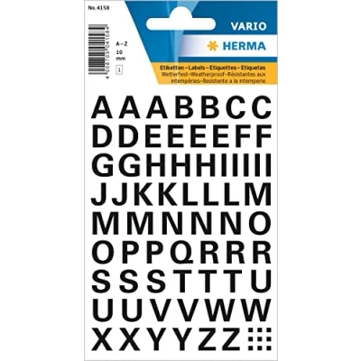 Imagen de HERMA 4158 Letras Pegatinas a Z resistentes la intemperie (tamaño de fuente 10 mm, hojas, lámina) autoadhesivas, permanentes alfabetos, 740 etiquetas, transparente y negro