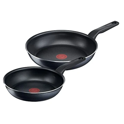 Imagen de Tefal C38590 XL Force Juego de 2 sartenes (24/28 cm, revestimiento antiadherente, indicador temperatura señal térmica, base difusión, color negro