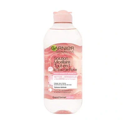 Imagen de GARNIER Skin Active Solución Micelar Todo En 1 Limpia, desmaquillante, &amp; Reavive L&#039;Brillo Micelas Agua de Rosa Vegano Cruelty Free Cara, Ojos, Labios Piel opaca y Sensible 400 ml