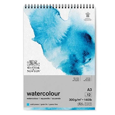 Imagen de Winsor &amp; Newton Papel de Acuarela Clásico, Grano Fino, 300gr, Mezcla 25% Algodón y Fibras Celulosa, Blanco Natural, Libre Ácidos, DIN A3, Bloc en Espiral, 12 Hojas