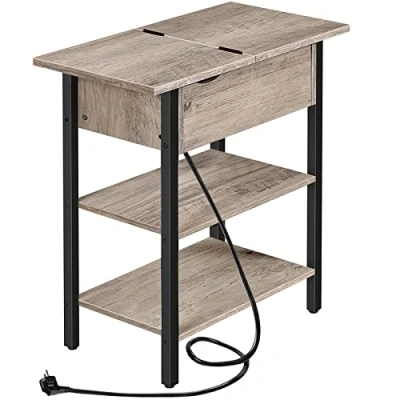 Imagen de HOOBRO Mesa Auxiliar, Mesita de Sofá Abatible con Puntos Carga y Estante Almacenamiento, Noche Estrecha para Espacios Reducidos, Estructura Estable, Greige Negro EBG342BZ01