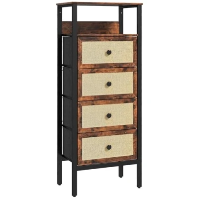 Imagen de HOMCOM Cajonera de Tela Cómoda para Dormitorio con 4 Cajones Frentes Ratán y Marco Acero Mueble Organizador Sala Estar 50x30x126 cm Marrón Rústico
