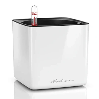 Imagen de LECHUZA Cubo para plantas CUBE Glossy 14 con sistema de riego varilla, blanco brillante