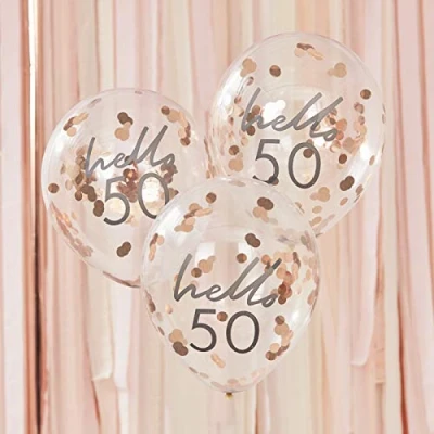 Imagen de Ginger Ray globos decorativos de confeti cumpleaños con 50 oro rosa, paquete 5 unidades