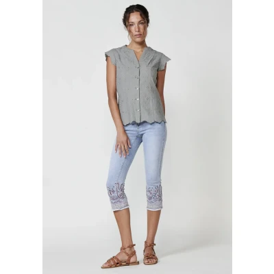 Imagen de Koroshi Short Sleeve WITH Perforated Embroidery Blusa Gris grey, Mujer, Talla: Medium, grey