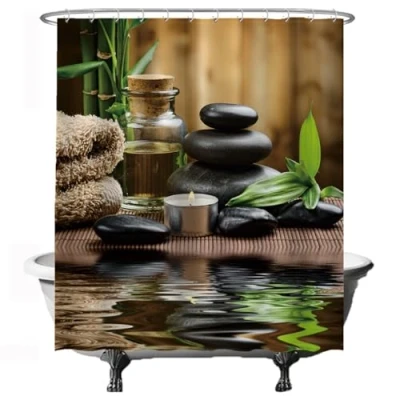 Imagen de Ulticool Cortina de Ducha Zen SPA Meditación Paz 180 x 200 cm Baño Lavable Semi Transparente Antimoho con 12 Anillas Blancas Marrón Negro Gris