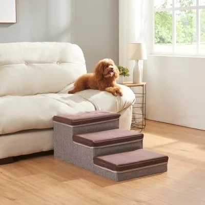 Imagen de [en.casa] Escalera para Perros Vojens de 3 Niveles Apto Gatos máx. 30 kg Tapa Extraíble Espacio Almacenaje MDF Imitación Cuero 75 x 40 cm Marrón/Gris