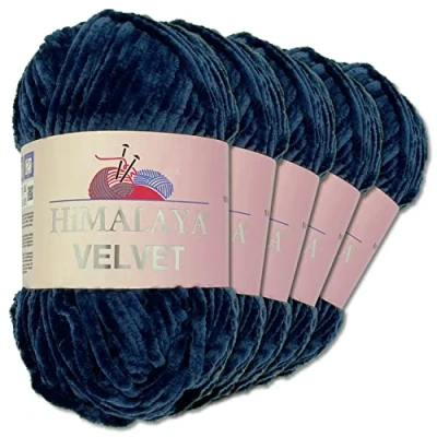 Imagen de Wohnkult Himalaya 90021 5 ovillos de 100 g lana delfín aterciopelada, 40 colores a elegir, chenilla, hilo para tejer brillante, accesorio ropa, (90021), color azul oscuro