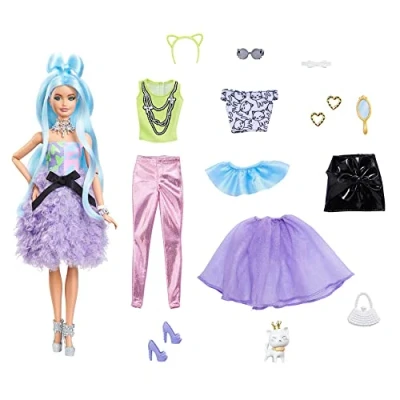 Imagen de Barbie Extra Deluxe Muñeca articulada con pelo azul y 30 looks ropa para muñecas, accesorios de juguete mascota (Mattel GYJ69)