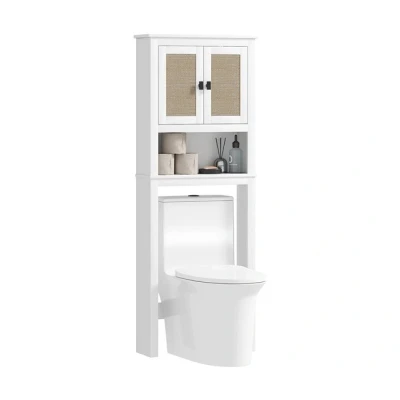 Imagen de HOMCOM Mueble sobre Inodoro Estrecho Armario con 2 Puertas Frontal de Ratán Compartimento y Estante Ajustable Baño 60x19,5x160 cm Blanco