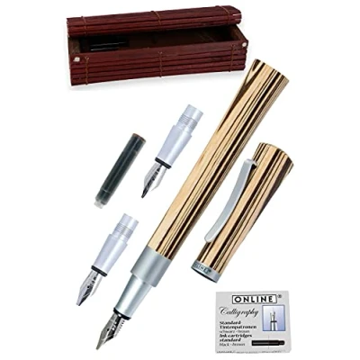 Imagen de Online Newood 37713 Pluma estilográfica de 1,4 mm con 2 punteras recambio 0,8 y 18 mm, cartucho tinta caja madera