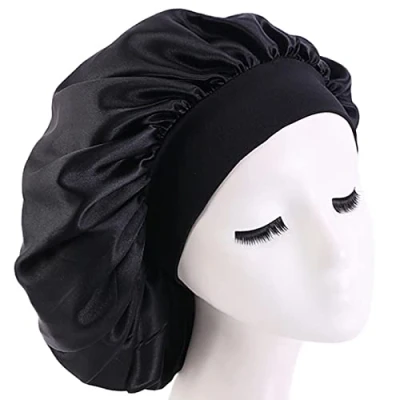 Imagen de 1 Piezas Gorro Saten Pelo Rizado de Banda Ancha Elástica Cubierta Cabeza,Gorro Satén para Dormir Ajustable Noche Gorro,Ajustable Doble Capa Negro