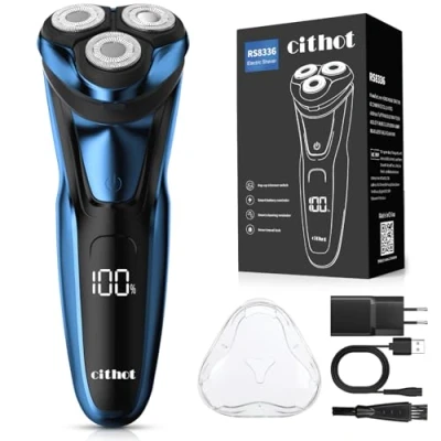 Imagen de Maquina de Afeitar Hombre con Pantalla LCD Afeitadora Electrica Cuchilla Rotativa Recortadora Barba Cabezal Reemplazable, Azul