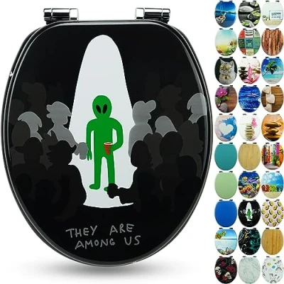 Imagen de Sanfino® Premium Tapa de WC con descenso automático asiento inodoro madera, muchos motivos coloridos y decorativos, cómodo, montaje fácil instrucciones incl. &quot;Alien&quot;
