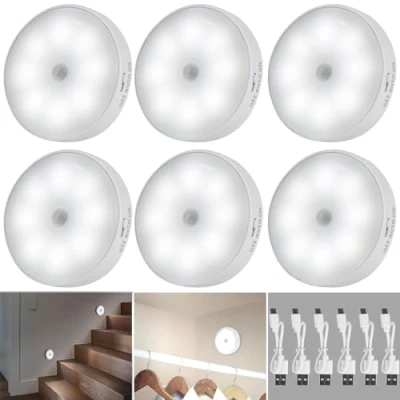 Imagen de Weinsamkeit Luz Nocturna, 6 pack Nocturna Sensor movimiento Recargable por USB, de luces LED para armario, Infantil Escaleras,Pasillos,Cocinas, Armarios (A)