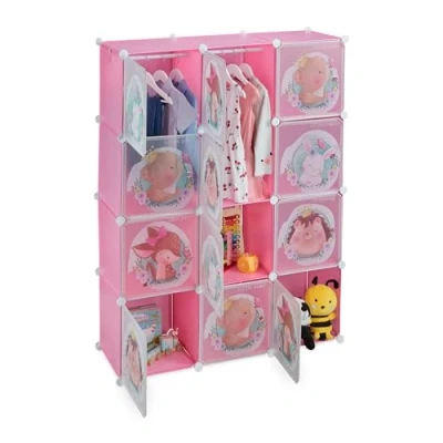 Imagen de Relaxdays Armario Modular Infantil, 2 Rieles para Ropa, Puertas con Animales, 145x110x37 cm, DIY, Estantería Cubos, Rosa, Hierro