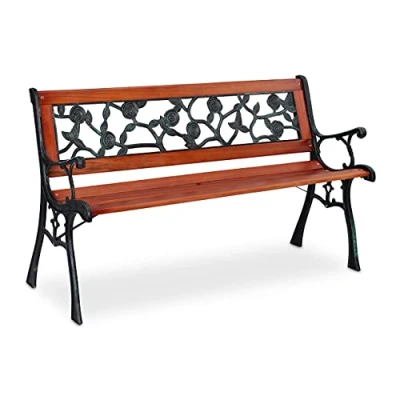 Imagen de Relaxdays Banco Jardín, Rosas, 2 Plazas, Madera y Hierro Fundido, Balcón, Terraza, 73x125x52,5cm, Marrón Natural Verde, 1 Pieza