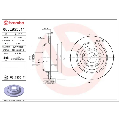 Imagen de BREMBO Disco de freno 271mm 11mm 5 macizo revestido 08.E955.11 2413300,L1TC2A315AA Discos freno,