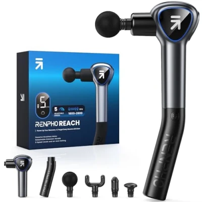 Imagen de Pistola de Masaje Muscular con Mango Extensible Desmontable, Renpho Reach Masajeadora, Massage Gun Profesional with LED Screen para Relajación,Negro