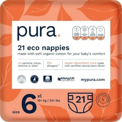 Imagen de Pura Pañales Bebé, Talla 6 (X Large 15kg+), 21 (1 Paquete), Piel Sensible, Certificado con EU Ecolabel, Ultraabsorbentes, Algodón Orgánico, Sin Fragancia
