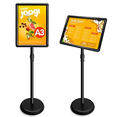 Imagen de VAIIGO soporte para carteles A3, ajustable, marco de aluminio, menú, estante publicidad reemplazable, soportes exhibición piso con esquina seguridad y base redonda estable