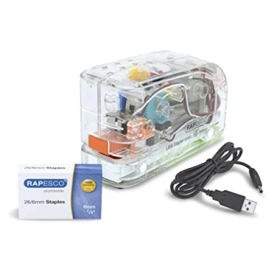 Imagen de Rapesco 1450 626EL Grapadora Automática USB/Batería con 1000 Grapas 26/6mm, Capacidad para 15 Hojas, Transparente