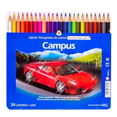 Imagen de Campus Lápices de Colores Acuarelables, Caja Metálica 24 Madera con Mina Acuarelable para Dibujar y Pintar en Seco Mojado, Acuarela Triangulares (Pack 24)
