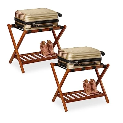 Imagen de Relaxdays 2er Set Kofferständer klappbar Pack 2 Soportes Maletas, Taburetes Equipaje Plegables, 54x66x45cm, Portabultos Madera Hotel, Baldas, Natural