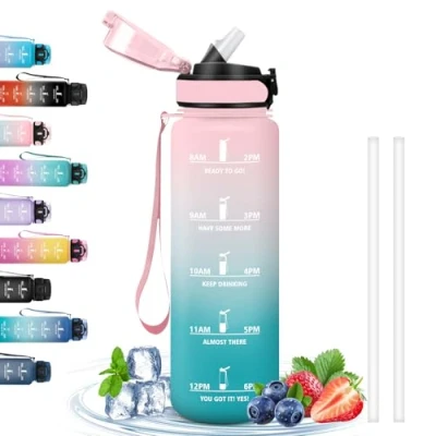 Imagen de Botella Agua, Agua 1 Litro, Deporte con Pajita, a Prueba de Fugas, Motivacional Marca Tiempo, Cantimplora para Senderismo, Yoga, Ciclismo, Acampar, Rosa cian