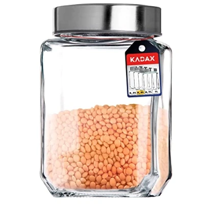 Imagen de KADAX tarro de cristal con tapa plástico, recipiente para alimentos cristal, almacenamiento pasta, espaguetis, especias, conserva, transparente (1000 ml, gris)