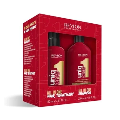 Imagen de UniqOne Duo Pack Champú todo en uno 490ml y tratamiento protector térmico para el pelo 10 1 150ml